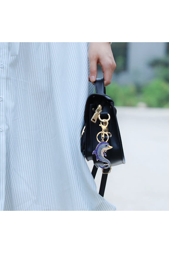 Blue Metal Dolphin Keychain with Rhinestones, Decorative Hanging Ornament Accessory