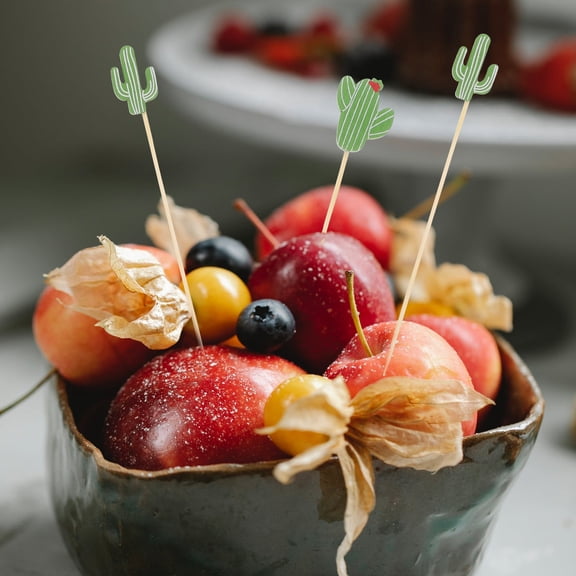 WRITWAA 100-Pack Fruit Picks with Green Cactus Topper for Party Snacks and Appetizers
