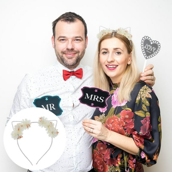 WRITWAA White Cat Ears Hairband with Artificial Flower for Daily and Christmas Decoration