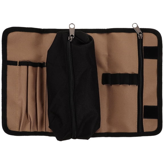 WRITWAA Compact Light Brown Nylon Tool Roll Bag with Zippered Pocket, Multiple Storage Compartments for Tools and Accessories