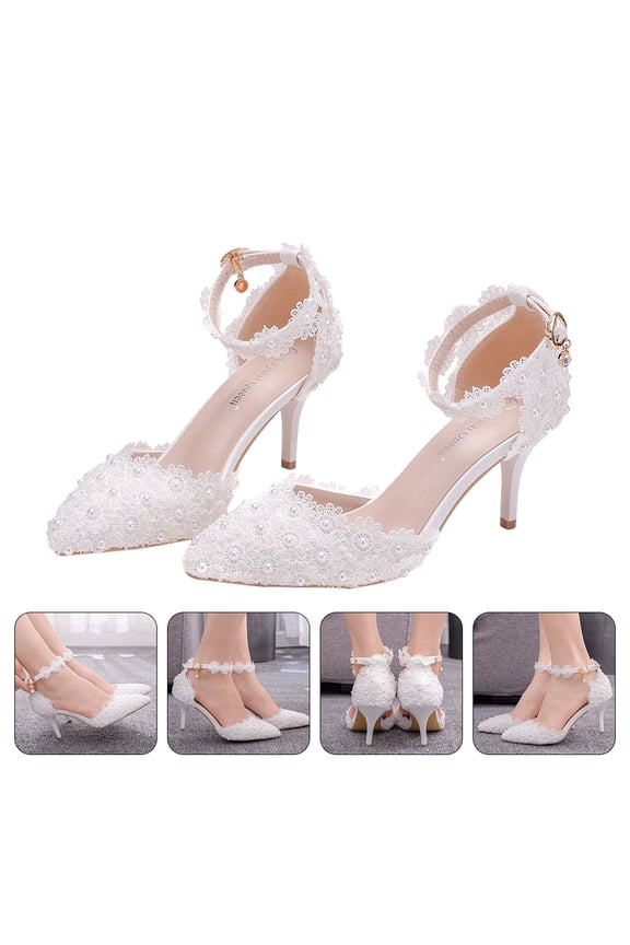White PU Lace Wedding Shoes Sandals with Elegant Flower Design and Comfortable Heel Size 8.5 for Women