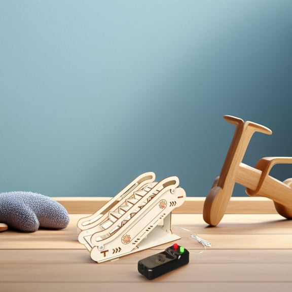 WRITWAA Beige Wooden Elevator Puzzle Kit Electric Conveyor Science Craft for DIY