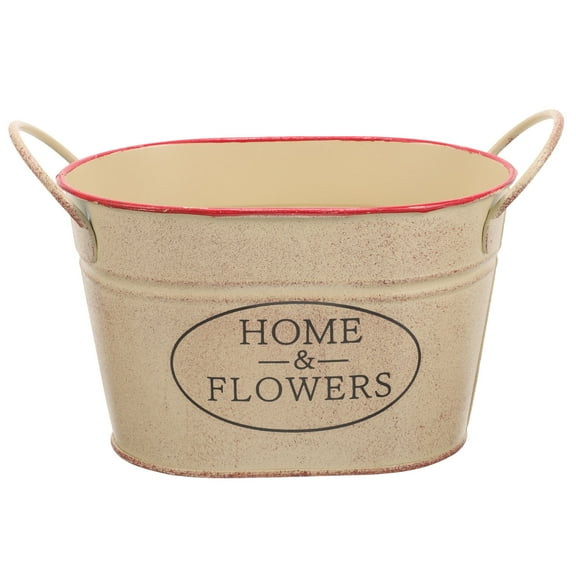 WRITWAA Beige Metal Flower Bucket Oval Vintage Decorative Planter Pot for Desktop Indoor Outdoor Use