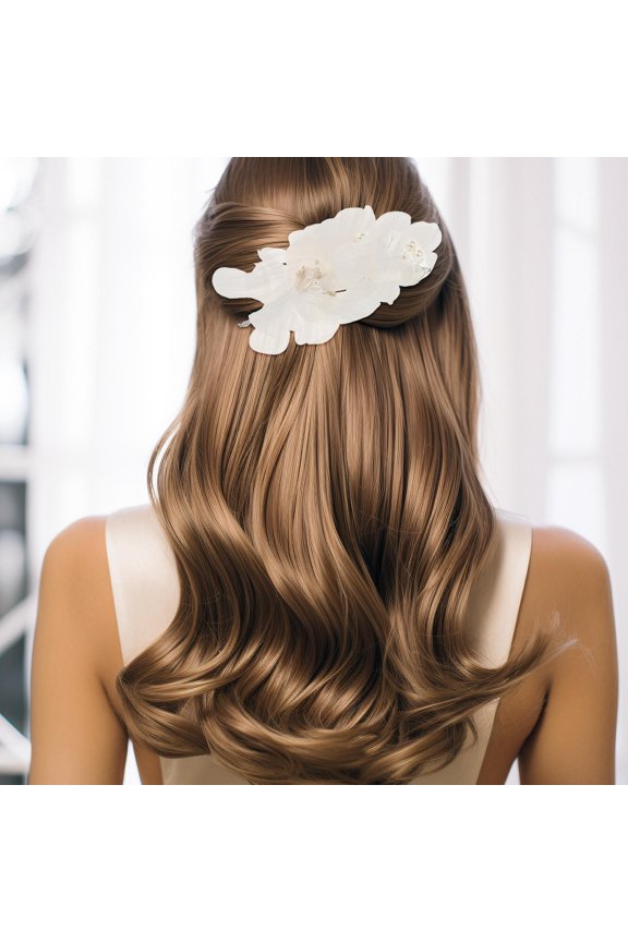 White Bridal Tulle Flower Hairpin Handmade Wedding Headpiece Lightweight Floral Hairclip