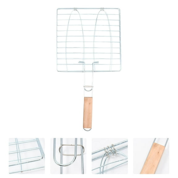 WRITWAA Bbq Tools Iron Wire Fish Basket for Grilling Seafood with Safe Wood Handle