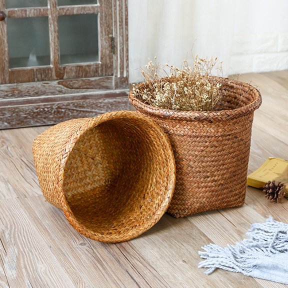 WRITWAA Handcrafted Natural Straw Basket Khaki Color Round Woven Laundry Storage Organizer for Household