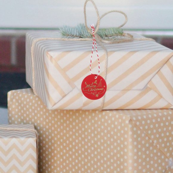 WRITWAA Red Paper Gift Tags for Christmas with Cotton Strings Merry Christmas Design and Prepunched Hole for Easy Hanging 100pcs