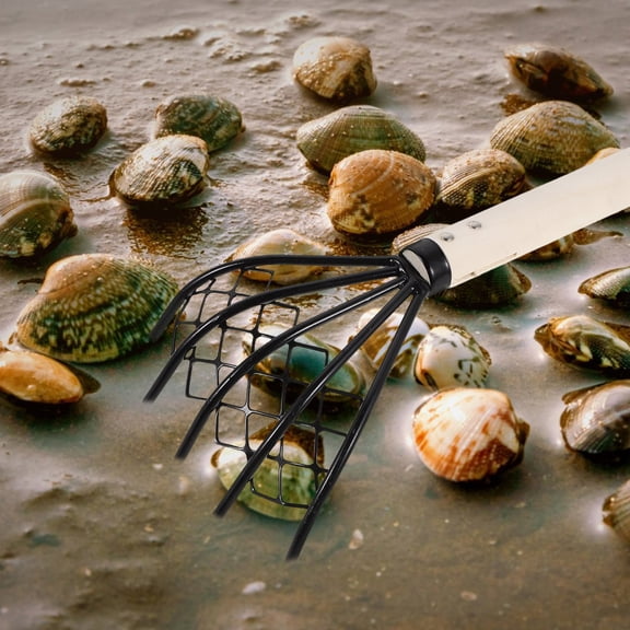 WRITWAA Carbon Steel Beach Shell Rake with Wooden Handle Clam Digging Tool