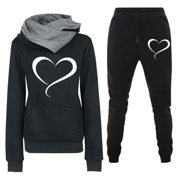 WRKEKC 2 Piece Outfits Sets for Women Fall Outfits for Women Trendy Cozy Solid Color Long Sleeve Hooded Sweatshirt with Heart Print and Elastic Waist Pants Set for Casual Sport Lounge Daily Wear