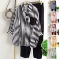 thumbnail image 1 of WRKEKC 2 Piece Sets for Women, Casual Outfits for Women, Ladies' Fall Casual Striped Print Rolled Long Sleeve Lapel Button-Up Shirt and Elastic Waist Long Pants Set, 1 of 7