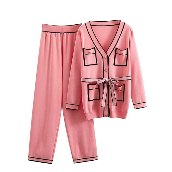 WRKEKC 2 Piece Sets for Women, Fall Outfits for Women Elegant Long Sleeve Knit Cardigan with Pockets and Bow Detail and Wide Leg Pants Set for Casual Chic Wear