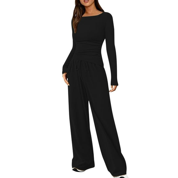 WRKEKC 2 Piece Sets for Women Fall Outfits for Women Stylish Solid Color Long Sleeve Drop Shoulder Top with Pockets and Drawstring Wide Leg Pants Set for Casual Daily Wear