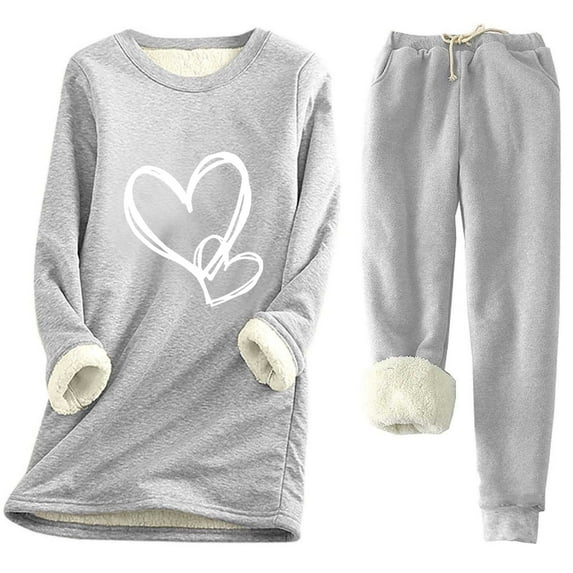 WRKEKC 2 Piece Sets for Women, Fall Outfits for Women Warm Solid Color Heart Print Crew Neck Fleece-Lined Long Sleeve Top and Drawstring Pocket Pants Set for Lounge