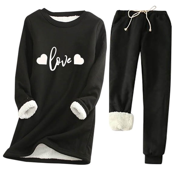 WRKEKC 2 Piece Sets for Women, Fall Outfits for Women Warm Solid Color Heart Print Crew Neck Fleece-Lined Long Sleeve Top and Drawstring Pocket Pants Set for Lounge