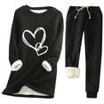 thumbnail image 1 of WRKEKC 2 Piece Sets for Women, Fall Outfits for Women Warm Solid Color Heart Print Crew Neck Fleece-Lined Long Sleeve Top and Drawstring Pocket Pants Set for Lounge, 1 of 2