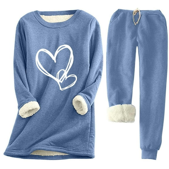 WRKEKC 2 Piece Sets for Women, Fall Outfits for Women Warm Solid Color Heart Print Crew Neck Fleece-Lined Long Sleeve Top and Drawstring Pocket Pants Set for Lounge