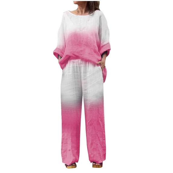 WRKEKC 2 Piece Sets for Women Outfits for Women Trendy Gradient Print Long Sleeve Crew Neck Top and Elastic Waist Wide Leg Pants Set for Fall Casual Wear