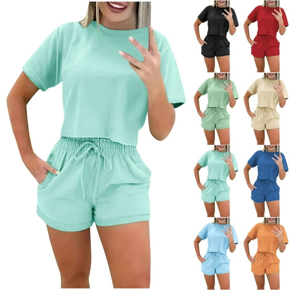 WRKEKC 2 Piece Sets for Women Summer Casual Solid Color Short Sleeve Tops and Elastic Waist Shorts Two-Piece Sports Sets