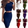 thumbnail image 1 of WRKEKC 2 Piece Sets for Women, Summer Outfits for Women, Ladies' Summer Solid Color Round Neck Short Sleeve Cropped Tops and Short Wrap Buttocks Skirt Outfits Sets, 1 of 7