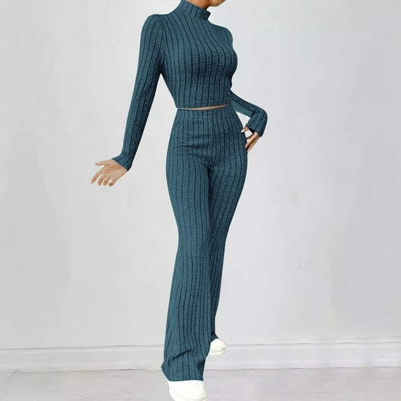 WRKEKC 2 Piece Sets for Women Casual Outfits for Women Trendy Knit Long Sleeve Turtleneck Top and Loose Wide Leg Pants Set for Fall Wear