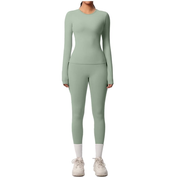 WRKEKC 2 Piece Sets for Women Solid Color Long Sleeve Round Neck Fitted Yoga Set with Stretchy Pants for Workout and Exercise