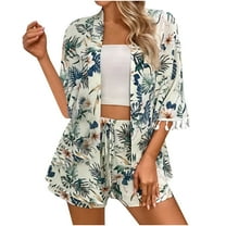 WRKEKC 2 Piece Sets for Women, Summer Outfits for Women, Ladies' Casual Floral Print Fringe Beach Sun Protection Smock Short Two-Piece Set