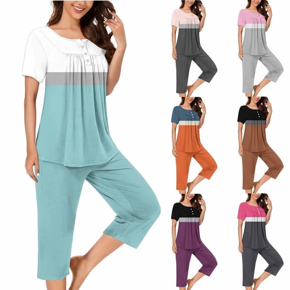 WRKEKC 2 Piece Sets for Women, Summer Outfits for Women, Ladies' Casual Trendy Round Neck Short Sleeve Blouse Short Pants Lightweight Pajamas Suit