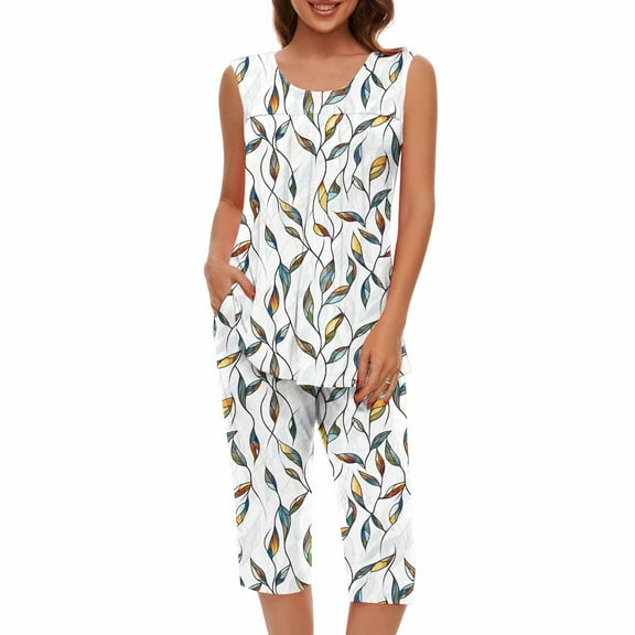 WRKEKC 2 Piece Sets for Women, Summer Outfits for Women, Ladies' Summer Casual Floral Print Sleeveless Round Neck T-Shirt and Short Pant Sets