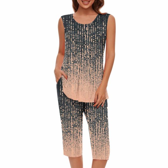 WRKEKC 2 Piece Sets for Women, Summer Outfits for Women, Ladies' Summer Casual Floral Print Sleeveless Round Neck T-Shirt and Short Pant Sets