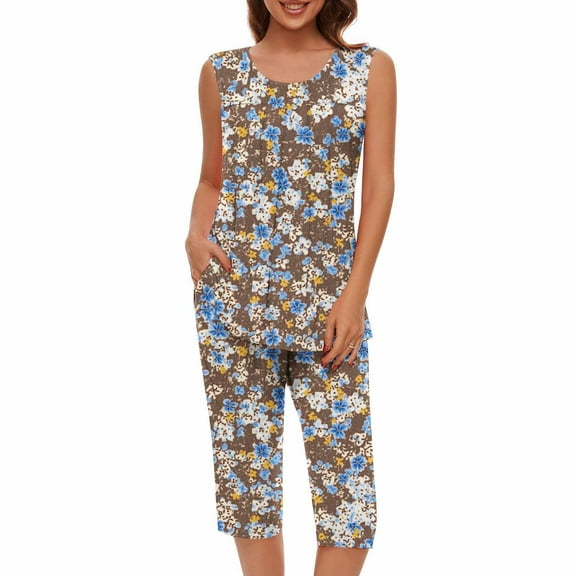 WRKEKC 2 Piece Sets for Women, Summer Outfits for Women, Ladies' Summer Casual Floral Print Sleeveless Round Neck T-Shirt and Short Pant Sets
