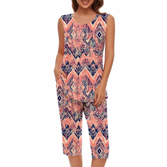 WRKEKC 2 Piece Sets for Women, Summer Outfits for Women, Ladies' Summer Casual Floral Print Sleeveless Round Neck T-Shirt and Short Pant Sets