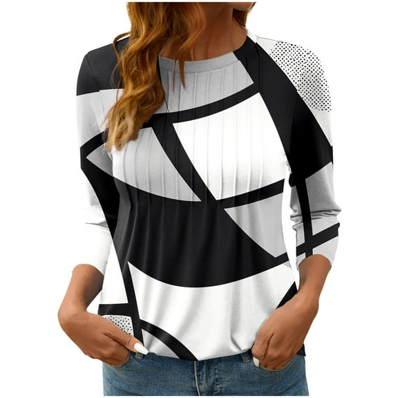 WRKEKC 3/4 Sleeve Tops for Women Round Neck Print Casual Loose Fit T Shirt with Ribbed Detail for Everyday Wear and Comfort