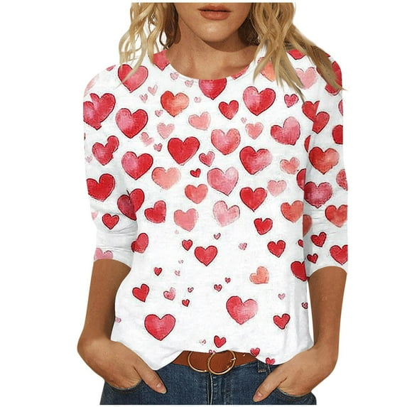 WRKEKC 3/4 Sleeve Tops for Women Round Neck Valentine Print Casual Loose Fit Pullover T Shirt for Comfortable Wear