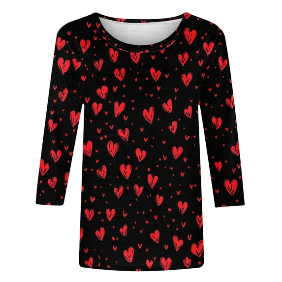 WRKEKC 3/4 Sleeve Tops for Women Round Neck Valentine Print Casual Loose Fit Pullover T Shirt for Comfortable Wear
