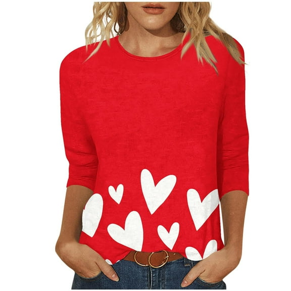 WRKEKC 3/4 Sleeve Tops for Women Round Neck Valentine Print Casual Loose Fit Pullover T Shirt for Comfortable Wear