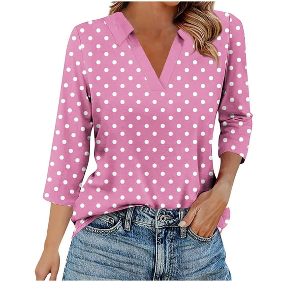 WRKEKC 3/4 Sleeve Tops for Women V Neck Polka Dot Casual Stylish T Shirt with Lapel for Chic Everyday Look