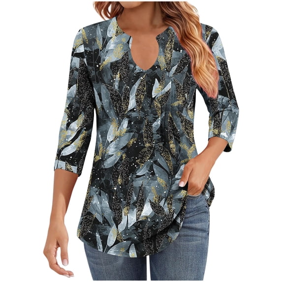 WRKEKC 3/4 Sleeve Tops for Women V Neck Print with Ribbed and Ruffle Detail Casual Loose Fit T Shirt for Stylish Wear and Comfort