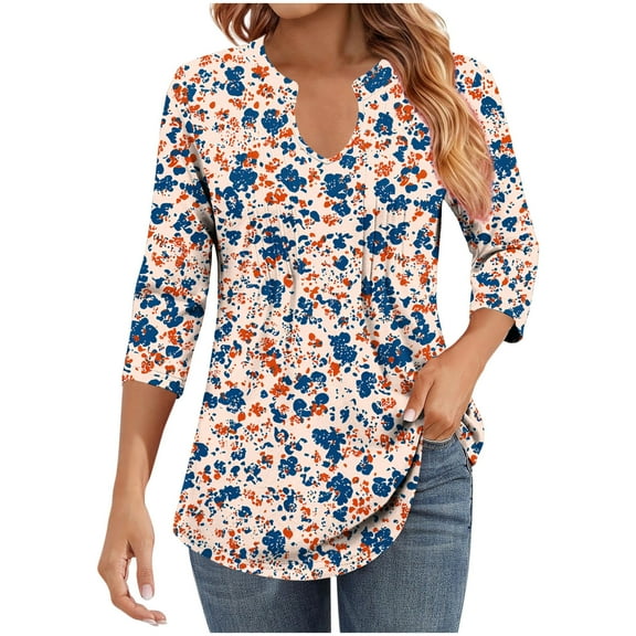 WRKEKC 3/4 Sleeve Tops for Women V Neck Print with Ribbed and Ruffle Detail Casual Loose Fit T Shirt for Stylish Wear and Comfort