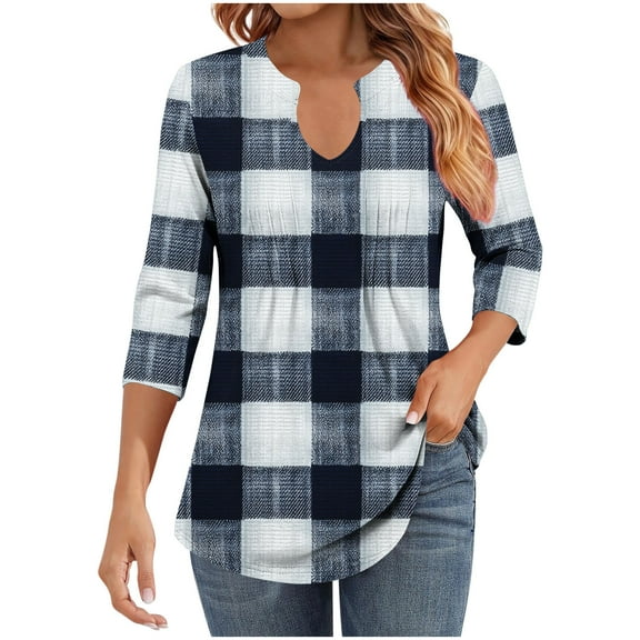 WRKEKC 3/4 Sleeve Tops for Women V Neck Print with Ribbed and Ruffle Detail Casual Loose Fit T Shirt for Stylish Wear and Comfort