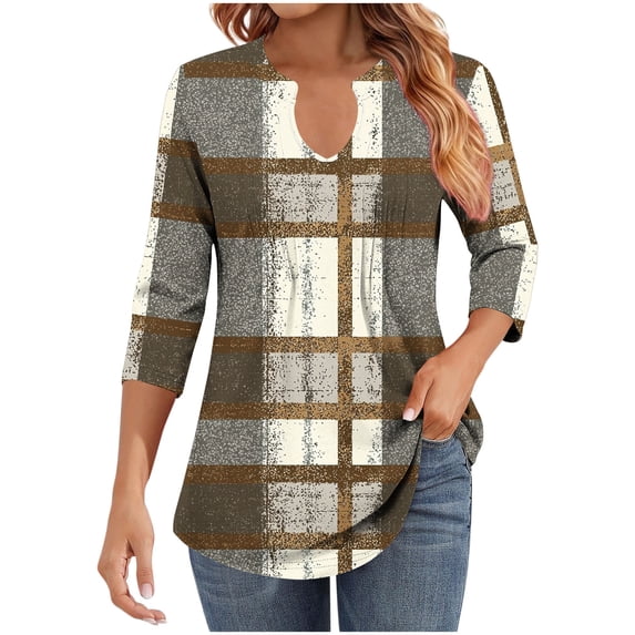 WRKEKC 3/4 Sleeve Tops for Women V Neck Print with Ribbed and Ruffle Detail Casual Loose Fit T Shirt for Stylish Wear and Comfort