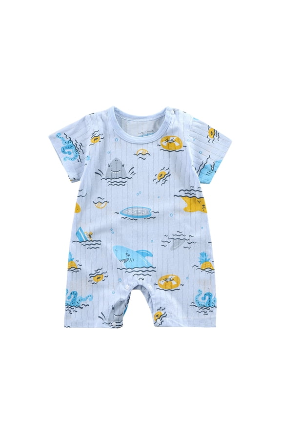 Baby Boy Rompers Short Sleeve Vertical Stripe Space Print Snap Button One Piece Outfit for Infants 3-12 Months