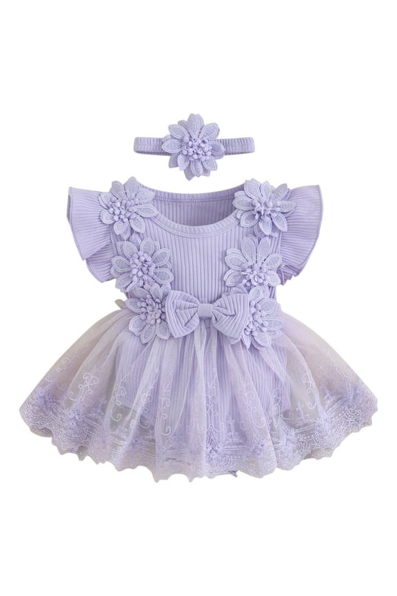 Baby Girl Romper Sleeveless Tulle Floral Birthday Dress Romper with Flower Detail 0-24 Months