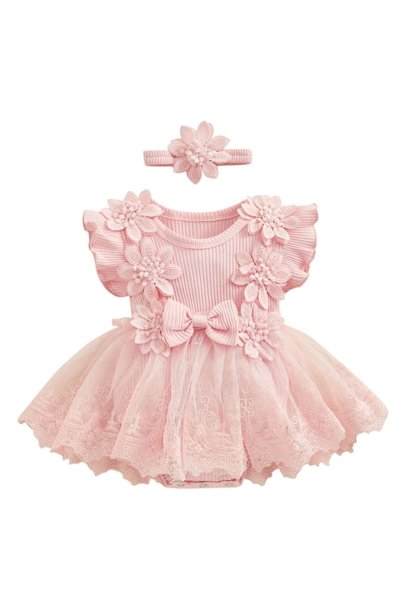 Baby Girl Romper Sleeveless Tulle Floral Birthday Dress Romper with Flower Detail 0-24 Months