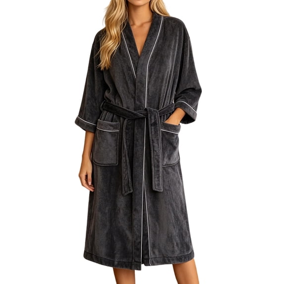 WRKEKC Bathrobe for Women Coral Fleece Solid Bathrobe with Collar Pockets Belt Long Loungewear Sleepwear Set Soft