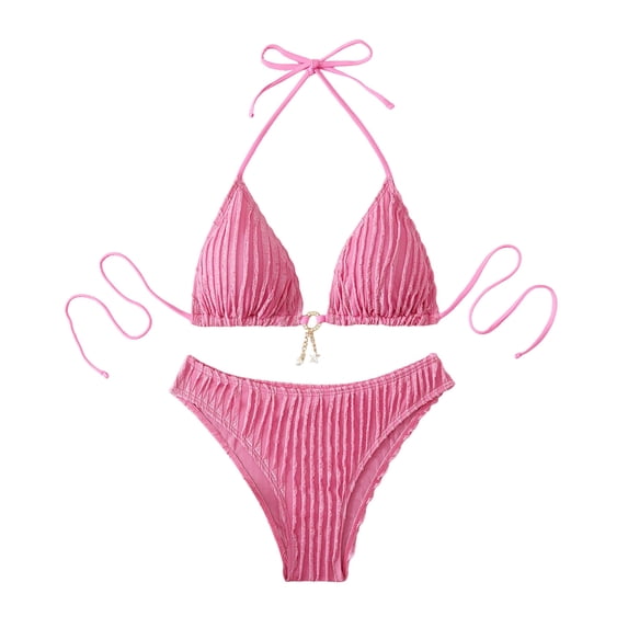 WRKEKC Bikini Sets for Women Solid Color Textured Strapless Two Piece Push Up Swimsuit Removable Padded Cups Wireless Soft