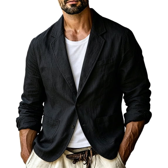 WRKEKC Blazer for Men Solid Cotton Linen Single Breasted Two Button Jacket with Pockets and Classic Fit for Work Office