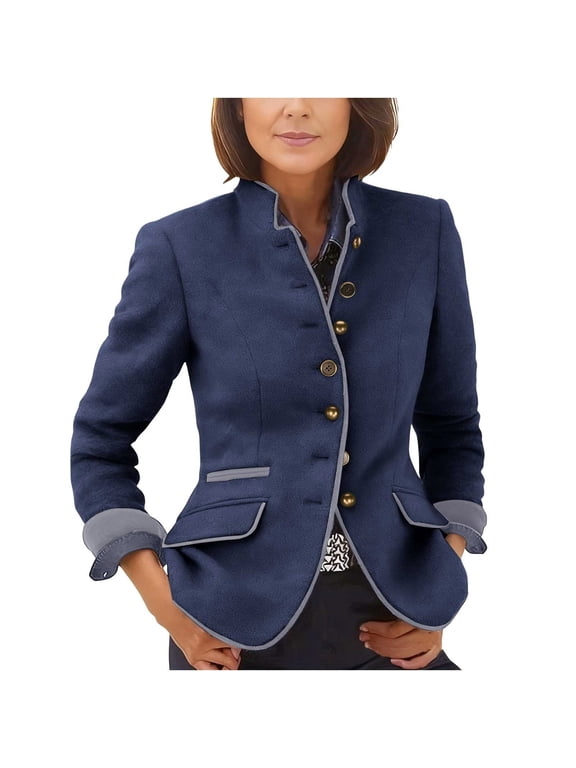 Blazers for Women Mandarin Collar Long Sleeve Wool Blend Button Front Fitted Outerwear with Flap Pockets for Business and Daily Occasions