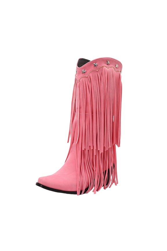 Boots for Women Fringe Metal Accent Chunky Heel Western High Calf Casual Fall Winter Shoes for Women Long Boots