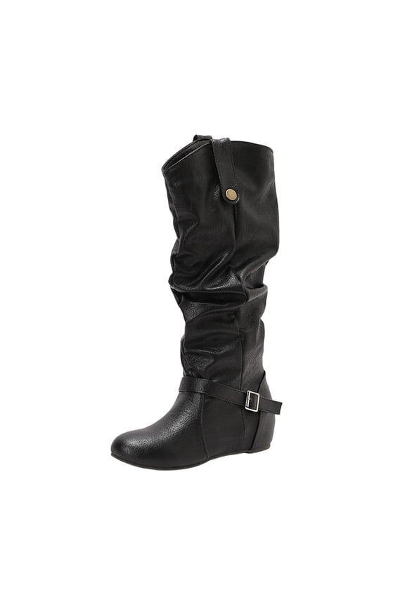 Boots for Women Trendy Winter Inside Height Increase Buckle Strap Round Toe Knee High Boots for Women Casual