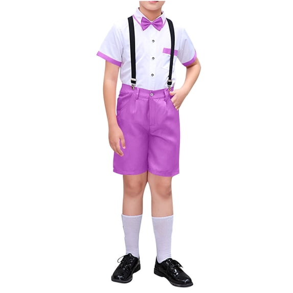 WRKEKC Boys 2 Piece Outfits Short Sleeve Turn Down Collar Suit with Suspenders and Bow Tie Performance Set for 3-18 Years